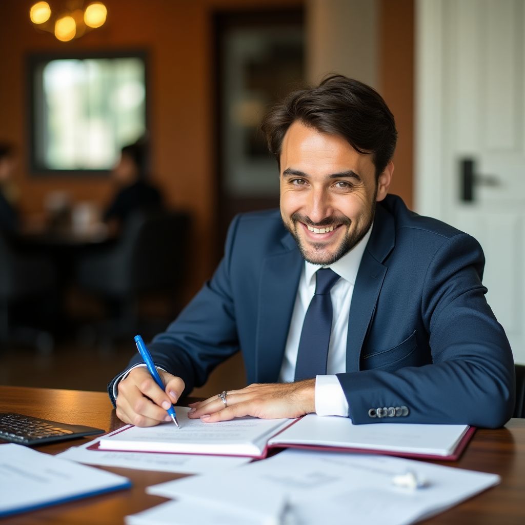 Cliente satisfecho firmando documentos bancarios